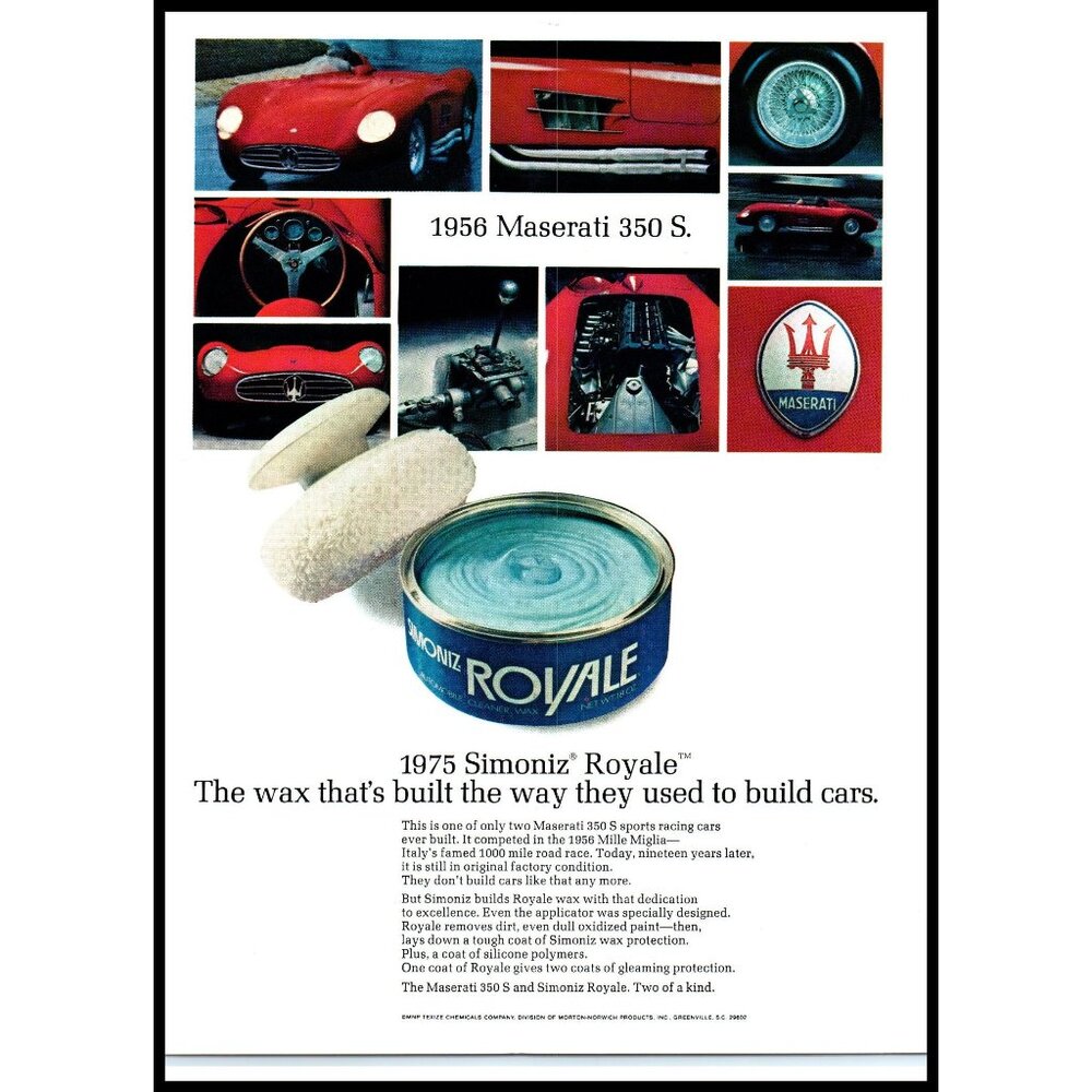 1975 Simonize Royale Car Wax Vintage Print Ad 1956 Maserati 350 S 350S Wall Art